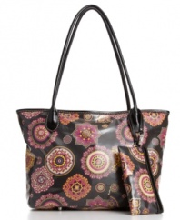 Kaleidoscope-inspired tulips blossom across this retro-chic tote from Giani Bernini. Crafted from sleek coated canvas for a glossy look that will last. Detachable matching zip pouch included.