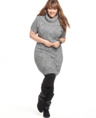 Get set for falling temps with Love Squared's short sleeve plus size sweater dress, finished by a cowl neckline and cable knit. (Clearance)