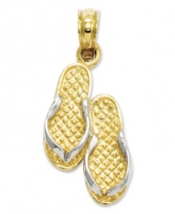 Add everyone's favorite warm-weather shoe to your collection. These fancy flip flops make the perfect addition to your beach collection. Crafted in 14k gold and sterling silver. Approximate length: 9/10 inch. Approximate width: 4/10 inch.