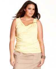 A draped neckline and metallic accents lend a sophisticated feel to Calvin Klein's sleeveless plus size top-- wear it alone or as a layering piece.
