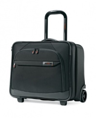 When business calls, you'll be there with an answer-a mobile office on sleek spinners that guarantee effortless mobility and round-the-clock easy access.  Soft leather handles lend this briefcase sophistication and a smart appearance that houses an incredibly equipped interior with endless organization options. 10-year warranty.