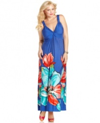 Make every day a vacay in Spense's sleeveless plus size maxi dress, finished by a bold floral print.