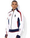 A versatile track jacket, crafted from breathable microfiber with a soft fleece lining, is designed with ventilating mesh insets and bold country details, celebrating Team USA's participation in the 2012 Olympic Games.