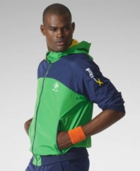 Sporty color-blocking and a mesh interior lend athletic appeal to this sleek full-zip hoodie, constructed from lightweight microfiber for high performance on the track.