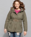 Be beautiful and bundled up in Dollhouse's belted plus size coat, featuring a removable hood with faux fur trim. (Clearance)