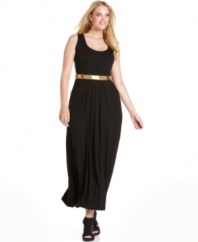Impress from day to night with Calvin Klein's sleeveless plus size maxi dress, featuring a pleated front and embellished waist.