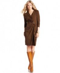 MICHAEL Michael Kors' petite dress features a flattering faux-wrap design and a charming print! Pair with boots or pumps for a versatile look!
