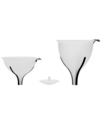 Reign over pouring. This nesting set equips your kitchen to funnel all types of liquids with ease and without spills. Including two funnels with ribbed necks that fit in all sized openings, this set also has a versatile strainer that fits into both funnels, so whisking hot liquids away from food is simple.