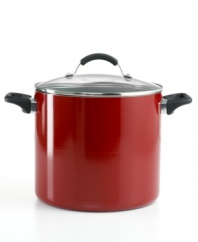 From spaghetti to stew, this durable, over-sized pot steps up to big family gatherings and parties to dish out easy prep and delicious results. An aluminum construction defines efficiency by heating up fast, while the dimpled surface with professional nonstick creates hot air pockets that promote even heating & unbelievable release. Lifetime warranty.