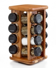 Great taste goes for a spin. Holding sixteen premium spices, this revolving acacia rack conserves counter space, while also displaying and ordering your prep-time go-tos, so they are always right within reach. !