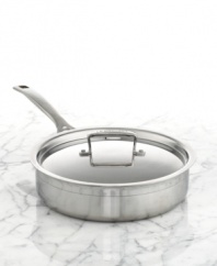 A classic silhouette features a precision-pour rim for effortlessly transferring sauces, gravies and more without drips or spills. This sauté pan boasts a triple-layer design that sandwiches a pure aluminum core between two high-performance layers of stainless steel for quick, even heating that powers masterful meals each & every time. Lifetime warranty.