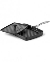 Fire up the grill without stepping outside. This innovative grill pan features a specially textured sear nonstick surface with deep ridges that perfectly brown and lock in flavor to your favorite meats, while a handy press guarantees even, thorough cooking. Crafted from a heavy-gauge hard-anodized aluminum with stay-cool handle, this grill pan is the perfect companion for BBQ lovers. Lifetime warranty.