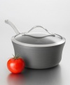 Small and versatile, this 1.5-quart saucepan is perfect for everyday meals. Part of the contemporary nonstick collection, it has a unique vessel shape and hard-anodized construction. Loaded with intelligent features like a capacity indicator line on the rim, a durable tempered glass lid and an ergonomic handle that stays cool during stovetop cooking.