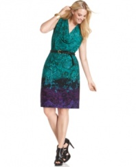 Calvin Klein's plus size dress is eye-catching, combining a chic animal-inspired print with contrasting colors at the hem. A coordinating belt keeps the silhouette looking sleek.