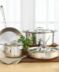 All the components in this 7-piece set offer superb heat conductivity and distribution. You won't get hot spots, so food cooks evenly. Set includes 10 fry pan, 2-quart covered sauce pan, 3-quart covered sauté pan and 8-quart covered stock pot. Stainless steel exterior layer with a band of copper for accent. The pan has a copper core surrounded by two layers of aluminum and a stainless steel cooking surface. Polished stainless steel handles stay cool during cooking and are secured with sturdy, non-corrosive rivets. Stainless steel lid fits flush to pan so you can seal in the food's flavor. Hand washing is recommended.