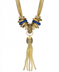 Shake your tassels! This Y necklace from INC International Concepts highlights blue plastic stones and hematite glass, and crystal accents in a linked ring setting with dangling gold tone chains. Crafted in gold tone mixed metal. Approximate length: 18 inches + 2-inch extender. Approximate drop: 9 inches.