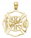 Honor a courageous fireman (or woman) with this symbolic charm. Crafted in 14k gold, charm features a shield with a ladder, hat, and fire hydrant. Chain not included. Approximate length: 1-1/10 inches. Approximate width: 4/5 inch.