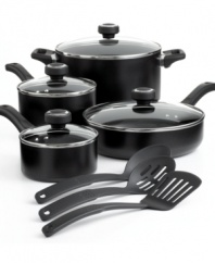 Now you're cooking-it's that simple with this fully-stocked collection of versatile nonstick pieces that effortlessly handle and release food and then slip right into the dishwasher for a hassle-free cleanup. Including the basic pots, pans and tools that put a kitchen into business, this budget-friendly collection cooks up flavorful, nutrient rich dishes.