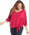 Tie up chic casual style with Jones New York Signature's three-quarter-sleeve plus size top, punctuated by a banded hem.