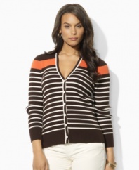 An earthy palette with a modern mix of stripes lends relaxed elegance to this Lauren by Ralph Lauren plus size cardigan, rendered in stretch ribbed-knit cotton with a buttoned placket for cozy comfort.