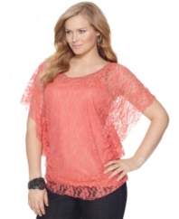 Sport one of the season's hottest trends with Seven7 Jeans' butterfly sleeve plus size top, crafted from romantic lace!