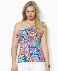 Bright and breezy in a vibrant paisley print, Lauren by Ralph Lauren's flirty plus size top is rendered in light-as-air tissue cotton in an alluring one-shoulder silhouette.