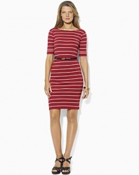 Slim sailor stripes and anchor-embossed buttons give a seafaring spirit to a fine-ribbed cotton dress, accented with a rope belt at the waist for a chic finishing touch.