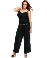 Make it a night out to remember with Baby Phat's sleeveless plus size jumpsuit! The satiny fabric contrasts perfectly with the metal chain belt! (Clearance)