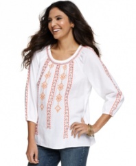 An embroidered tribal pattern gives this petite peasant top a stylish twist. Wear with jeans and wedges for a cute, casual weekend look.