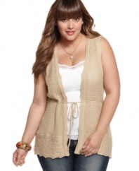 Add a boho layer to your look with Extra Touch's sleeveless plus size vest, cinched by a tie front.
