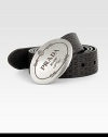 Textured woven design with engraved logo shield buckle. About 1½ wide Made in Italy