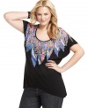 Liven up your look with Eyeshadow's short sleeve plus size top, punctuated by a handkerchief hem. (Clearance)