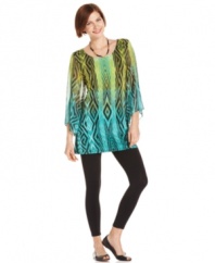 A vivid ombre effect in lively summer hues adorns this petite tunic from Style&co. The colors are complemented by a graphic print and sheer feminine sleeves.