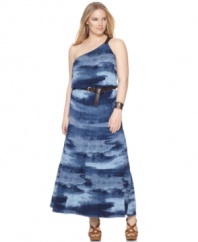 Take your look to epic lengths with MICHAEL Michael Kors' one-shoulder plus size maxi dress, accented by a belted waist.
