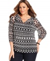 A graphic print ignites Alfani's three-quarter sleeve plus size top-- pair it with neutral bottoms for a polished casual look.