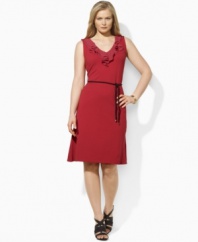 Lauren by Ralph Lauren's sleek plus size jersey dress is accented with feminine ruffles at the neckline and a chic rope belt at the waist to create a comfortable, stylish dress.
