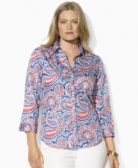 A vibrant paisley pattern lends a colorful, modern update to Lauren by Ralph Lauren's classic shirt, tailored for a smooth hand in crisp cotton broadcloth.