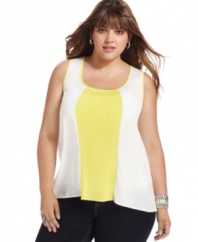 Look pretty in pleats with Soprano's sleeveless plus size top, featuring an on-trend colorblocked design!