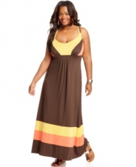 Land an über hot look with American Rag's halter plus size maxi dress, highlighted by a colorblocked pattern.
