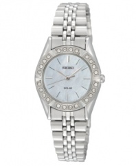 Glistening accents and solar-powered tech bring the classic styling of this Seiko watch to stunning completion.