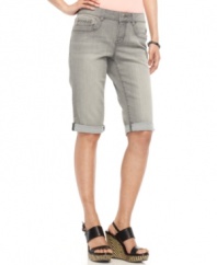 Say bye-bye to boring blues in these cuffed petite Bermuda shorts in a versatile grey wash from DKNY Jeans. Pair them with a peasant top or A-line tank top!