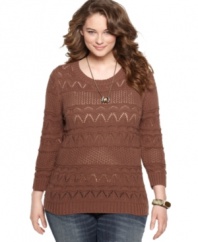 Top off your casual bottoms with One 7 Six's three-quarter sleeve plus size sweater, crafted from a crocheted knit.