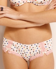Polka dots and pretty lace. Material Girl's Lace Cheeky Hipster features all-around pink lace trim and ruche detailing in the back. Style #MG318