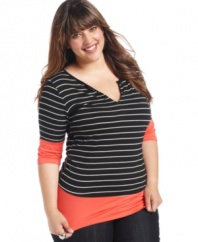 Link up your jeans with ING's plus size layered look top, featuring on-trend stripes!