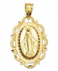 The perfect gift of faith, this iconic Virgin Mary charm features a unique diamond-cut design and the Hail Mary prayer on the reverse side. Crafted in 14k gold. Chain not included. Approximate length: 1-1/5 inches. Approximate width: 7/10 inch.