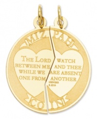 Share your faith with friends. This symbolic charm features the script: Mizpah Coin. The Lord Watch Between Me And Thee While We Are Absent One From Another. Crafted in 14k gold. Chain not included. Approximate length: 1-1/10 inches. Approximate width: 9/10 inch.