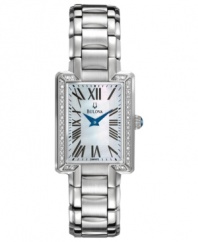 A dress watch from Bulova with an enchanting dial that showcases blue hues, diamond shimmer and captivating mother-of-pearl.