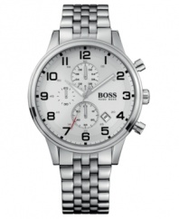Make this multifunctional, modern watch from Hugo Boss your everyday timepiece for every occasion. Silvertone stainless steel bracelet and round case. Round silvertone dial with three subdials, date window, logo and numeral indices. Quartz movement. Water resistant to 50 meters. Two-year limited warranty.