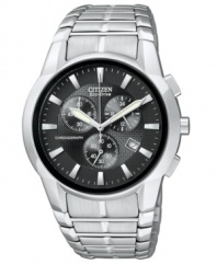 Black texture and smooth steel set the stage for sophistication on this Eco-Drive watch by Citizen.