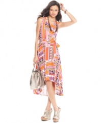 Embark on a color journey in this asymmetrical, ikat-print dress from Planet Gold -- a trend-right piece for pack-up-and-go style!